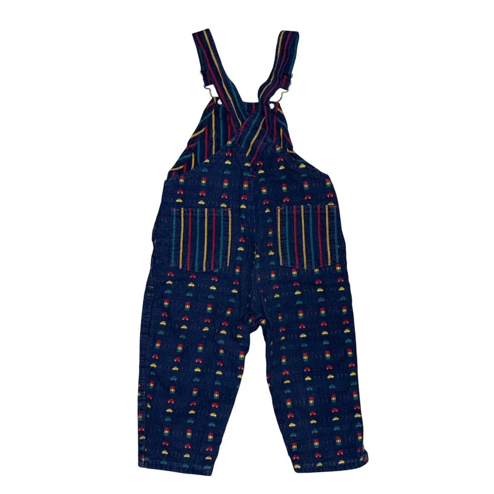 OshKosh Bgosh Vintage Corduroy Overalls 24M Navy Blue Car Traffic Light Print